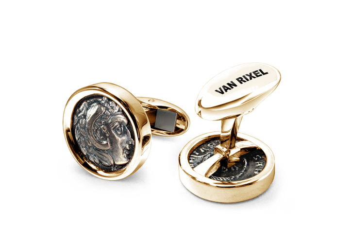 Een paar luxe, hoogwaardige, exclusieve en handgemaakte High End manchetknopen in 18 kt Geelgoud met Alexander de Grote munt - MIII